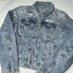 Free People Jean Jacket Womens M Rumors Trucker Denim Light Wash Distressed READ